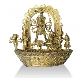 Brass Metal Craft (Dokra) Ma Durga with Family on Board