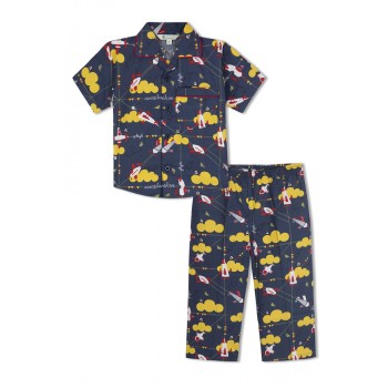 GreenApple Organic Cotton Boy's  Nightsuit with Yellow Clouds and Aeroplanes